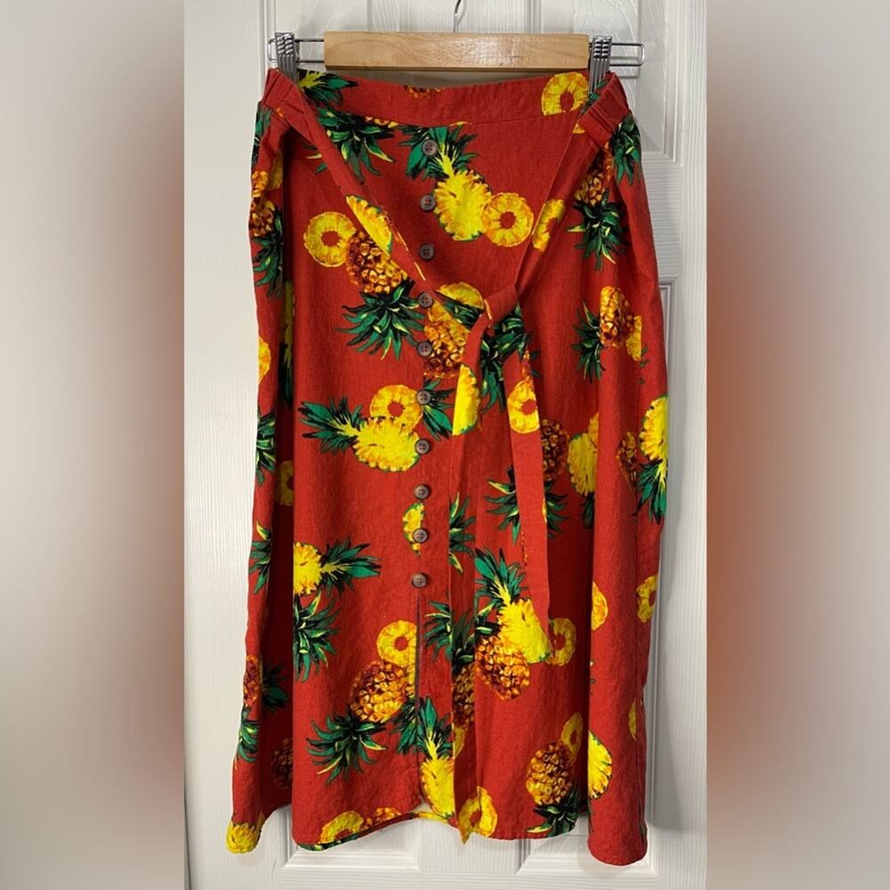 Reddish Orange Pineapple Novelty Resort Print Linen Blend Midi Skirt front Tie L